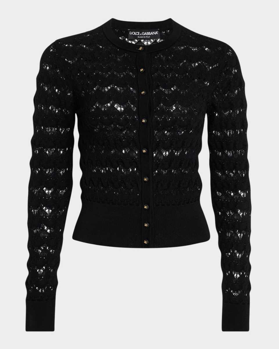 Chevron Open-Knit Crewneck Cardigan